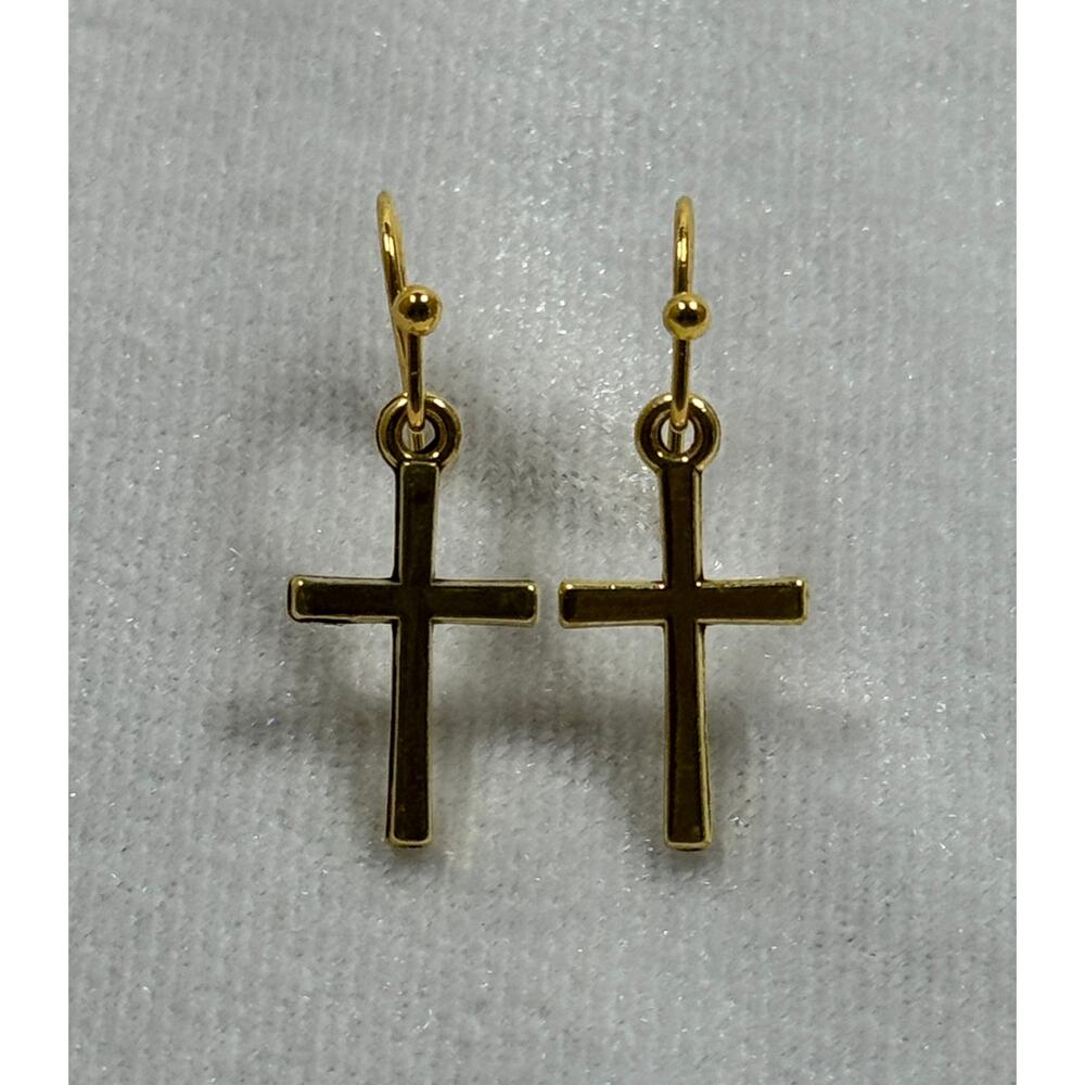 Gold Tone Cross Dangle Earrings Christian Faith Jewelry 3/4 Inch E284